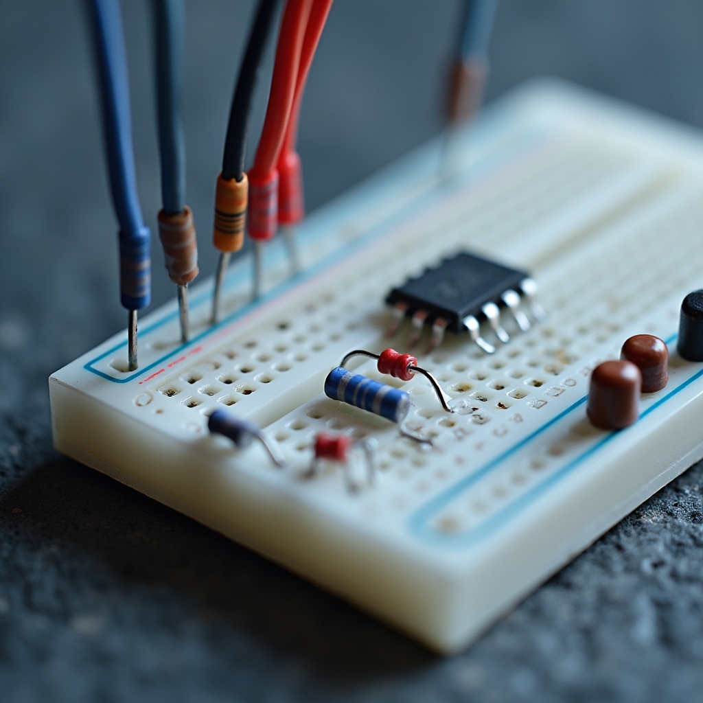 Zbliżenie na płytkę prototypową z komponentami elektronicznymi
